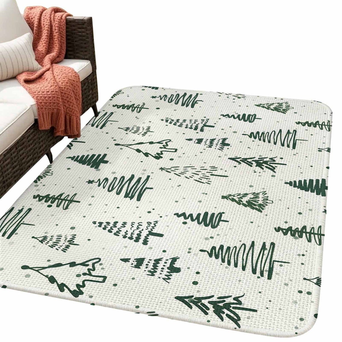 Large Area Rug 63"x78.7",Christmas Tree Absorbent Non Slip Indoor Outdoor Carpet,Xmas Green Cartoon Tree Snowflakes Farmhouse Low Profile Floor Rug Doormat for Living Room Dining Room Bedroom Office
