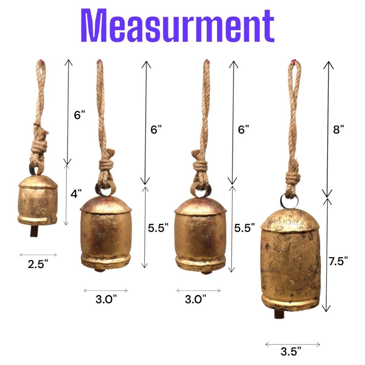 Set of 4 Vintage Rustic Christmas Bells – 1 Large 7.5" Bell, 2 Medium 5.5" Bells & 1 Small 4" Bell – Farmhouse Metal Hanging Bells for Holiday, Mantel & Door Décor