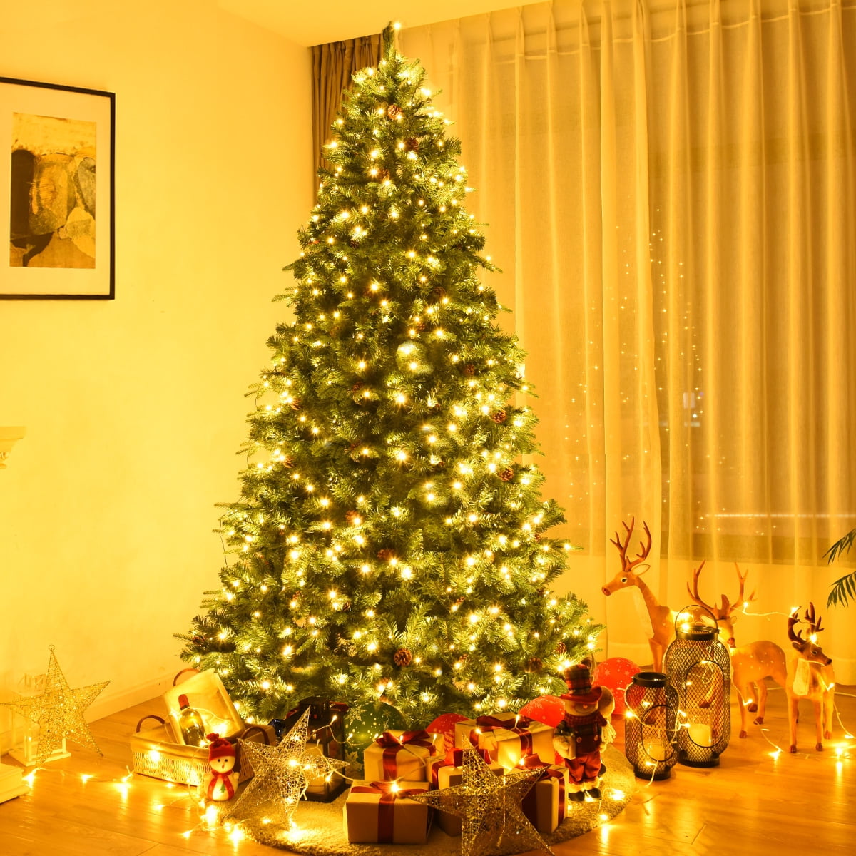 Costway 8Ft Pre-Lit Christmas Tree Hinged 600 LED Lights Pine Cones