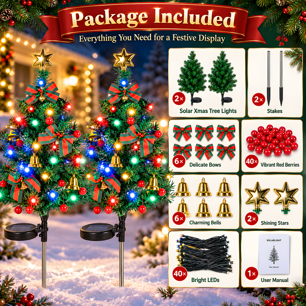 2 Pack Solar Powered Christmas Tree Lights, Outdoor Holiday Decor with 40 Bright LEDs, Waterproof Xmas Garden Decorations for Pathway, Yard, Grave and Lawn