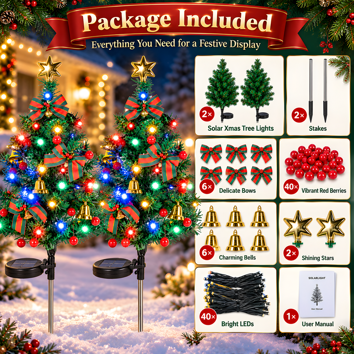 2 Pack Solar Powered Christmas Tree Lights, Outdoor Holiday Decor with 40 Bright LEDs, Waterproof Xmas Garden Decorations for Pathway, Yard, Grave and Lawn