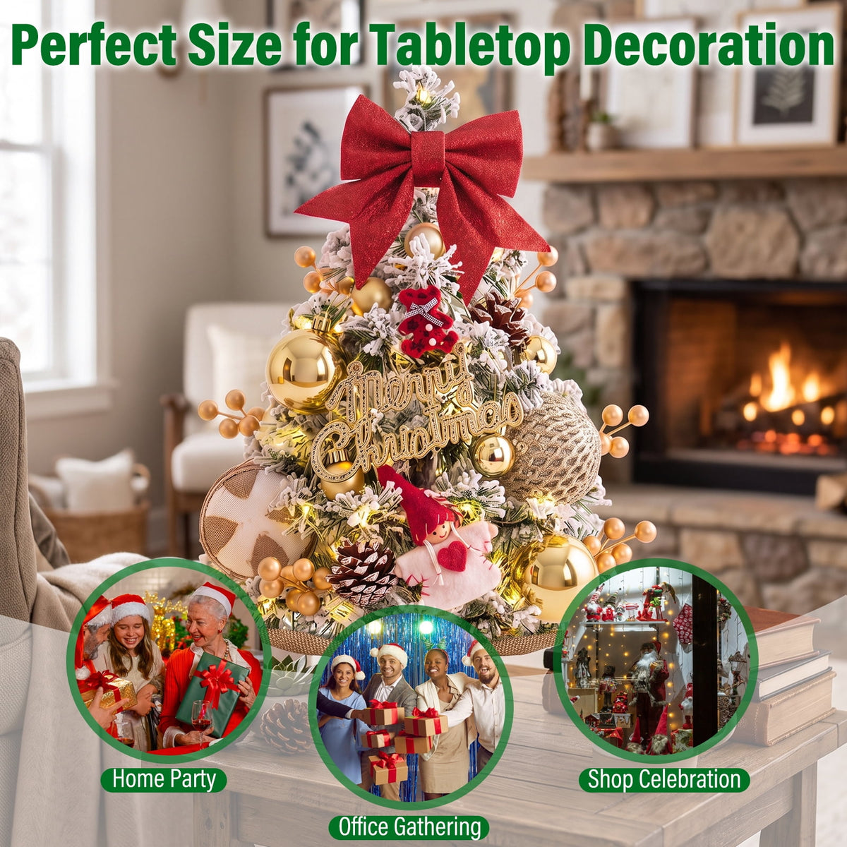 22" Mini Christmas Tree with 30 LEDs, Red Berries & Pinecones, DIY Kit, Battery Powered Tabletop Tree Christmas Decorations Gifts for Dorms, Offices, Home, Classrooms Desks & Small Spaces