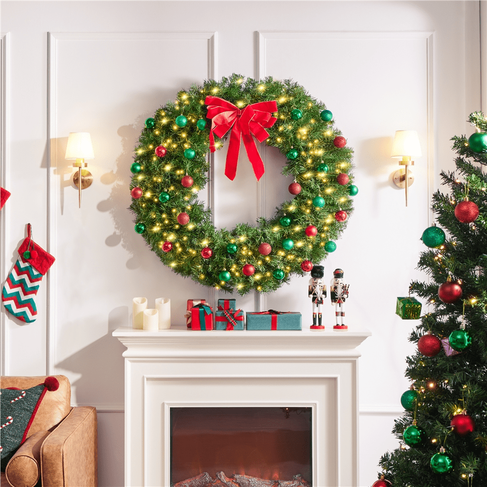 Alden Design 48in Pre-lit Fir Christmas Wreath for Door with 200 LED Lights & 720 Tips, Green
