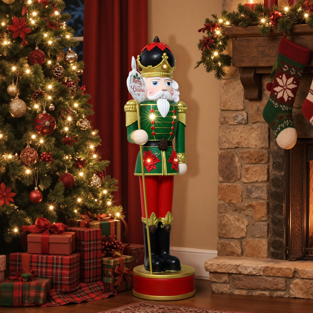 Langford Home 3.7 Ft Battery Operated Prelit Poinsettia-Theme Christmas Nutcracker with Merry Christmas Sign