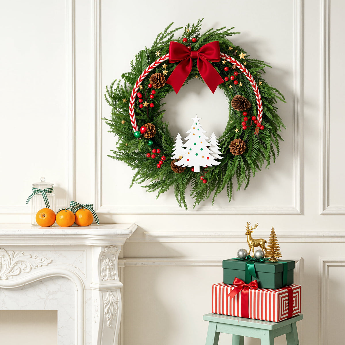 DR.Planzen 24" Pre-Lit Red Berry & Pinecone Christmas Wreath with 57 PE Branches, Realistic Norfolk Pine Garland Ring for Front Door & Indoor Wall Decor