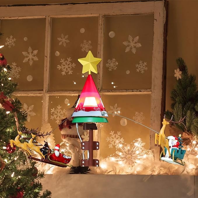LAMPHOME Rotating Musical Deer & Sled Lighted Tree Topper, Illuminated Star Christmas Tree Top Ornament