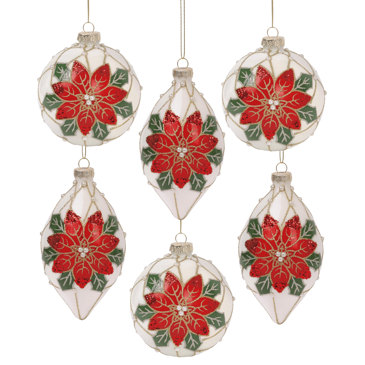 Poinsettia Pearl 4” Ball 6” Finial Glass Christmas Ornaments by Tinsel Traditions - Set of 6