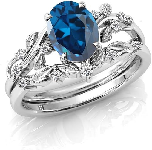 Gems Jewels Women's 925 Sterling Silver 2.25 Ct Oval Cut Blue Sapphire Christmas Thanksgiving Engagement Bridal Ring Set 14K White Gold Plated -4