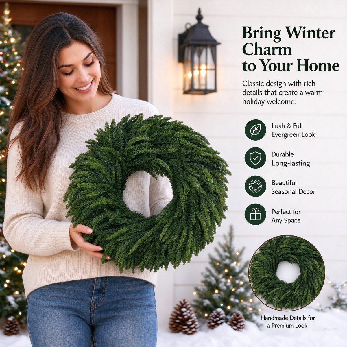 19.68in Christmas Norfolk Pine Wreath for Front Door - Artificial Greenery Wreath, Full Green Branches, All Season for Wall Porch Indoor Outdoor Decor