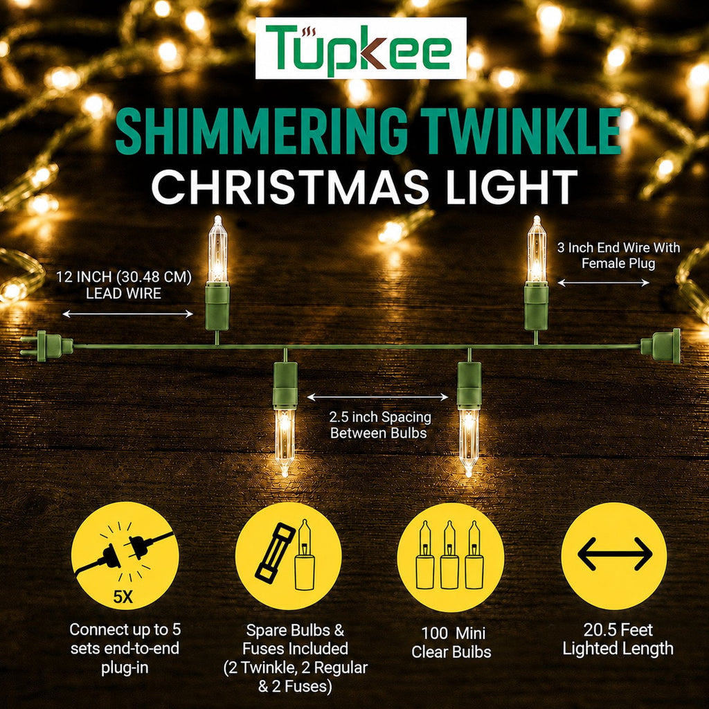 Christmas Random Shimmering Twinkle Lights - 24 of 100 Lights Twinkle Indoor Outdoor - 20.5 Feet Light String, 100 Clear Bulbs - Christmas Tree Holiday Decor Sparkling Twinkling Christmas Lights