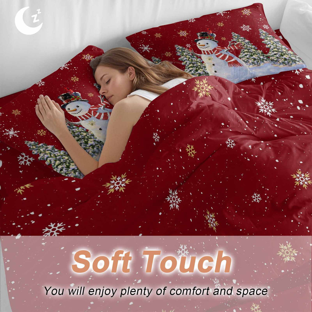 Christmas Snowman Bedding Duvet Cover Set Queen Size 4 Pieces Winter Christmas Tree Snowflake Red Bedding Set with Zipper Closure, 1 Comforter Cover 90x90 Inches 1 Flat Sheet & 2 Pillow Cases
