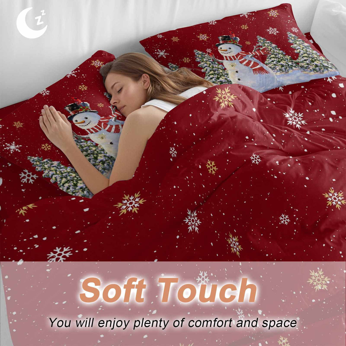 Christmas Snowman Bedding Duvet Cover Set Queen Size 4 Pieces Winter Christmas Tree Snowflake Red Bedding Set with Zipper Closure, 1 Comforter Cover 90x90 Inches 1 Flat Sheet & 2 Pillow Cases