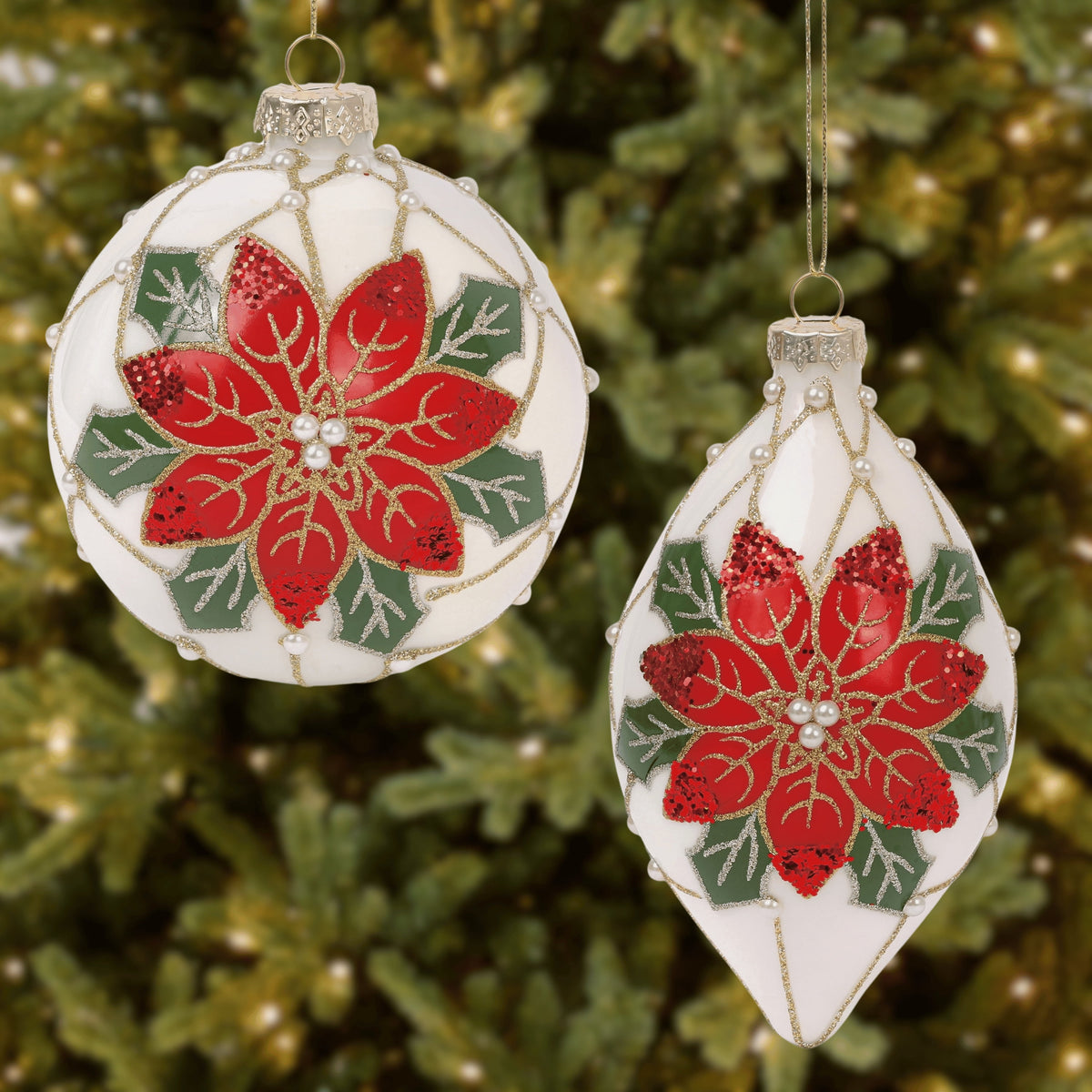 Poinsettia Pearl 4” Ball 6” Finial Glass Christmas Ornaments by Tinsel Traditions - Set of 6