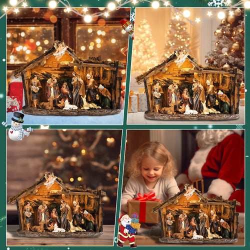 12.5 INCH Wonder Garden Christmas Nativity Set Figurine - Nativity Scene Statue with Moss Stable Village Music Decor