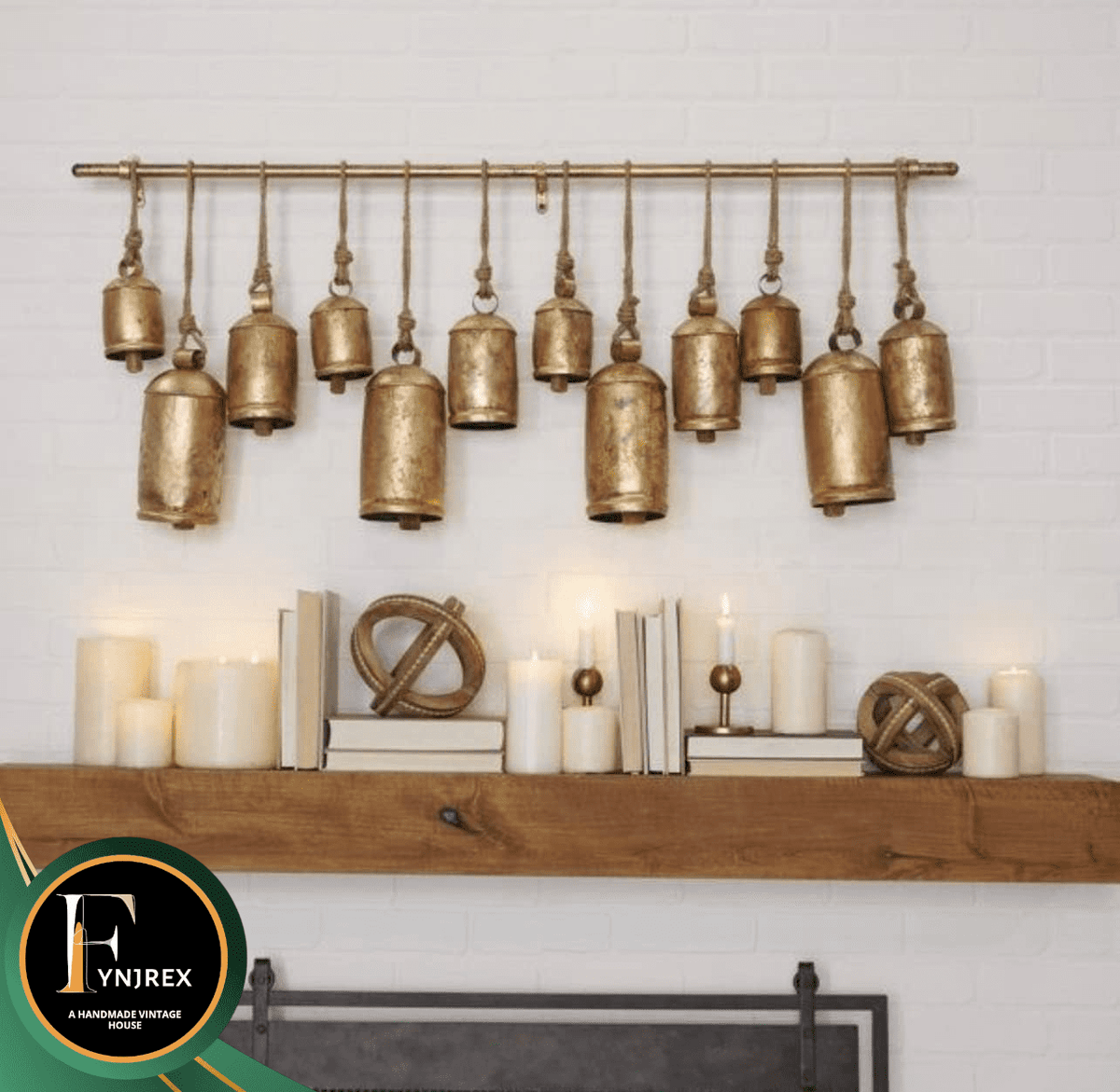 Set of 9 Cow Bells Hanging Rod Wall Mount Bracket Rustic Gold Brass Jute Rope Tibetan Christmas Decor