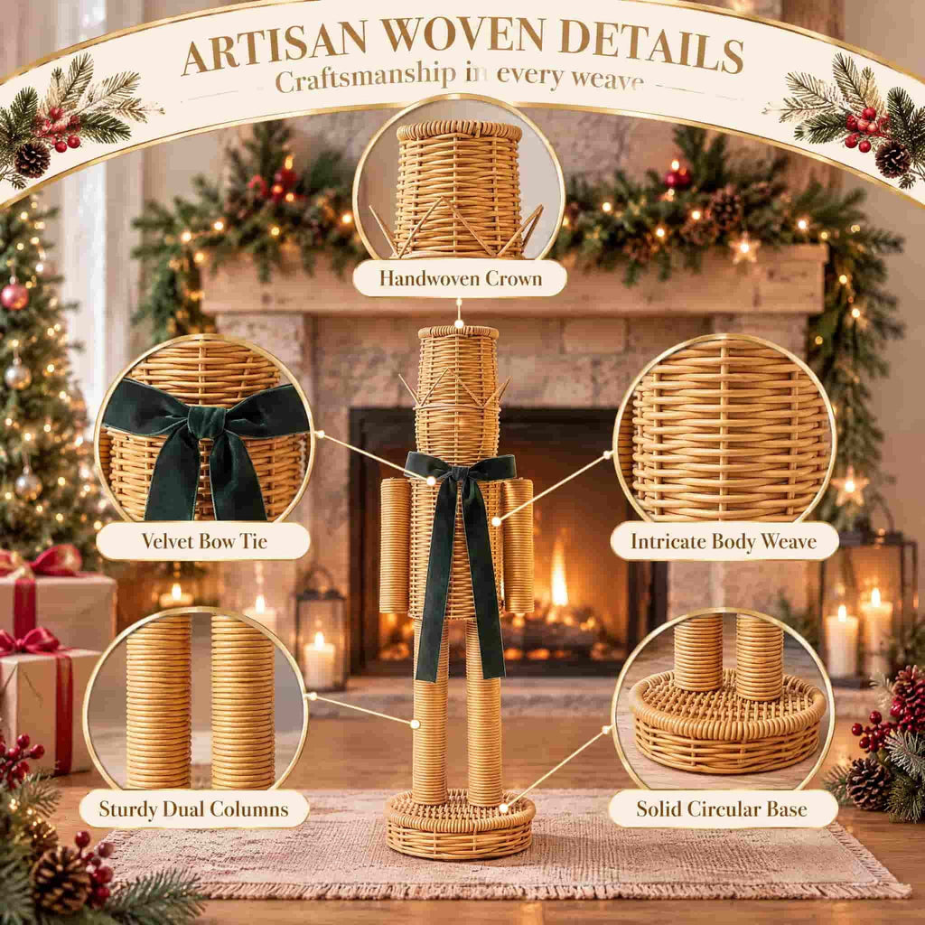 15.74 Inch Rattan Nutcracker Christmas Decor, Woven Look Resin Nutcracker Figurine With Green Velvet Bow, Freestanding Christmas Soldier Decoration For Mantel Shelf Entryway