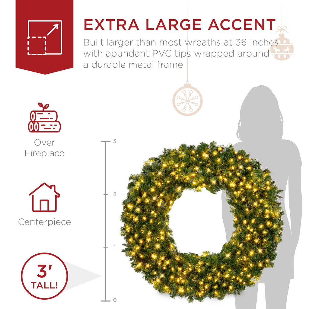 Best Choice Products 48in Artificial Pre-Lit Fir Christmas Wreath Decoration w/ 250 LED Lights, 714 Tips, Power Plug-In