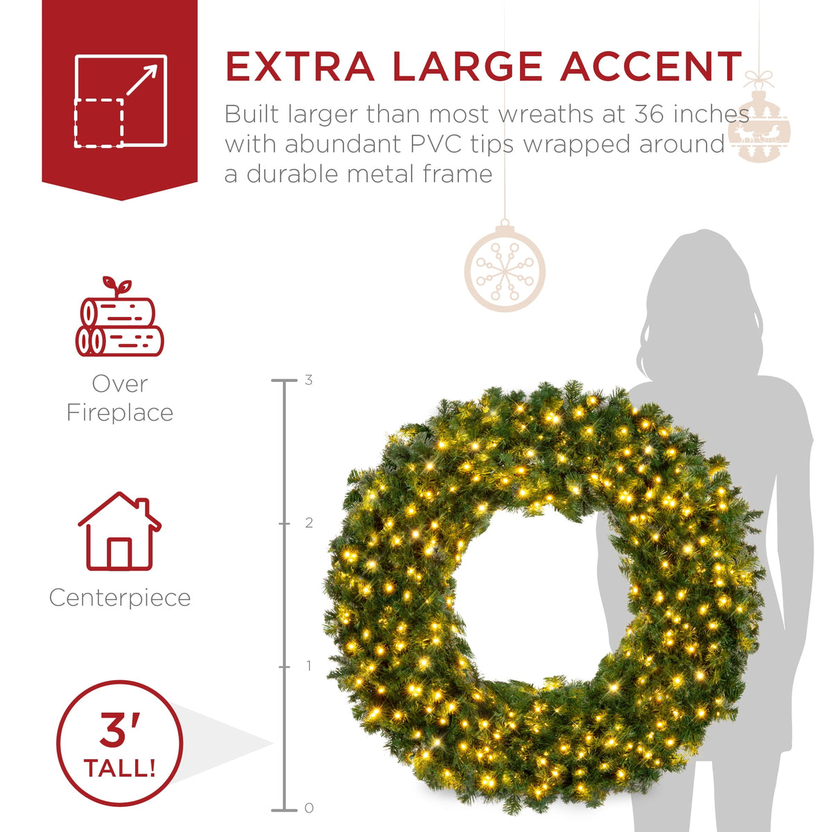 Best Choice Products 48in Artificial Pre-Lit Fir Christmas Wreath Decoration w/ 250 LED Lights, 714 Tips, Power Plug-In