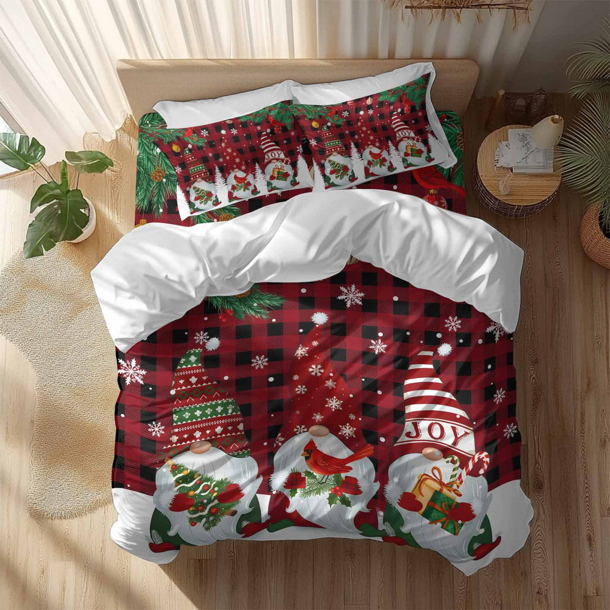 Christmas Snowman Bedding Duvet Cover Set Twin Size 4 Pieces Pine Christmas Tree Snowflakes Red Plaid Bedding Set with Zipper Closure, 1 Comforter Cover 68x90 Inches 1 Flat Sheet & 2 Pillow Cases