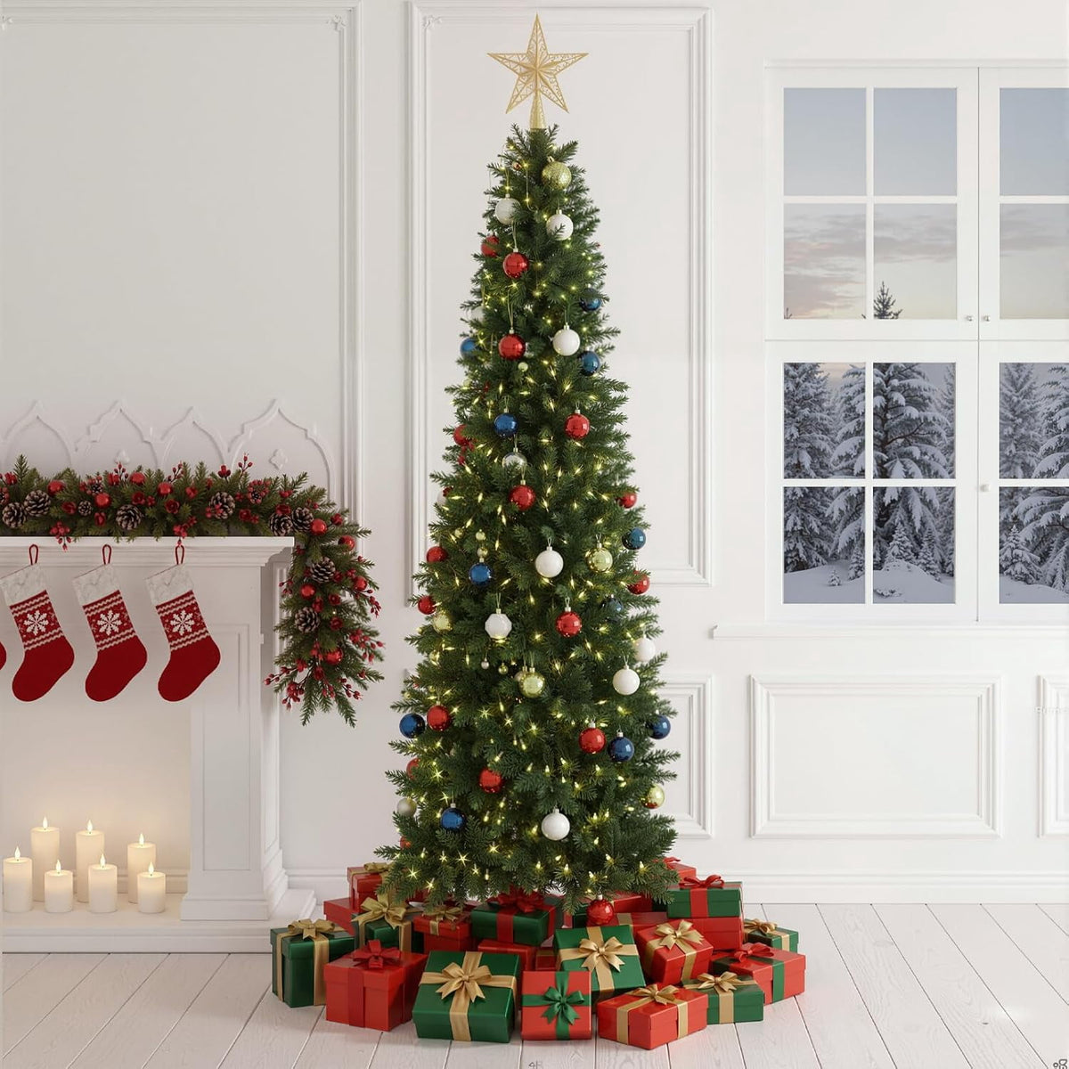 LIFERECORD 6ft Prelit Artificial Hinged Slim Pencil Christmas Tree with 250 Lights, 571 Full Branch Tips, 8 Warm Lingting Motes Perfect Decoration for Xmas Holiday, Green