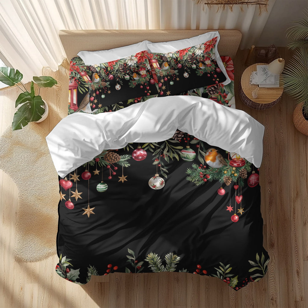 Black Christmas Bedding Duvet Cover Set Full Size 4 Pieces Xmas Poinsettia Balls Botanical Birds Bedding Set with Zipper Closure, 1 Comforter Cover 86x90 Inches 1 Flat Sheet & 2 Pillow Cases