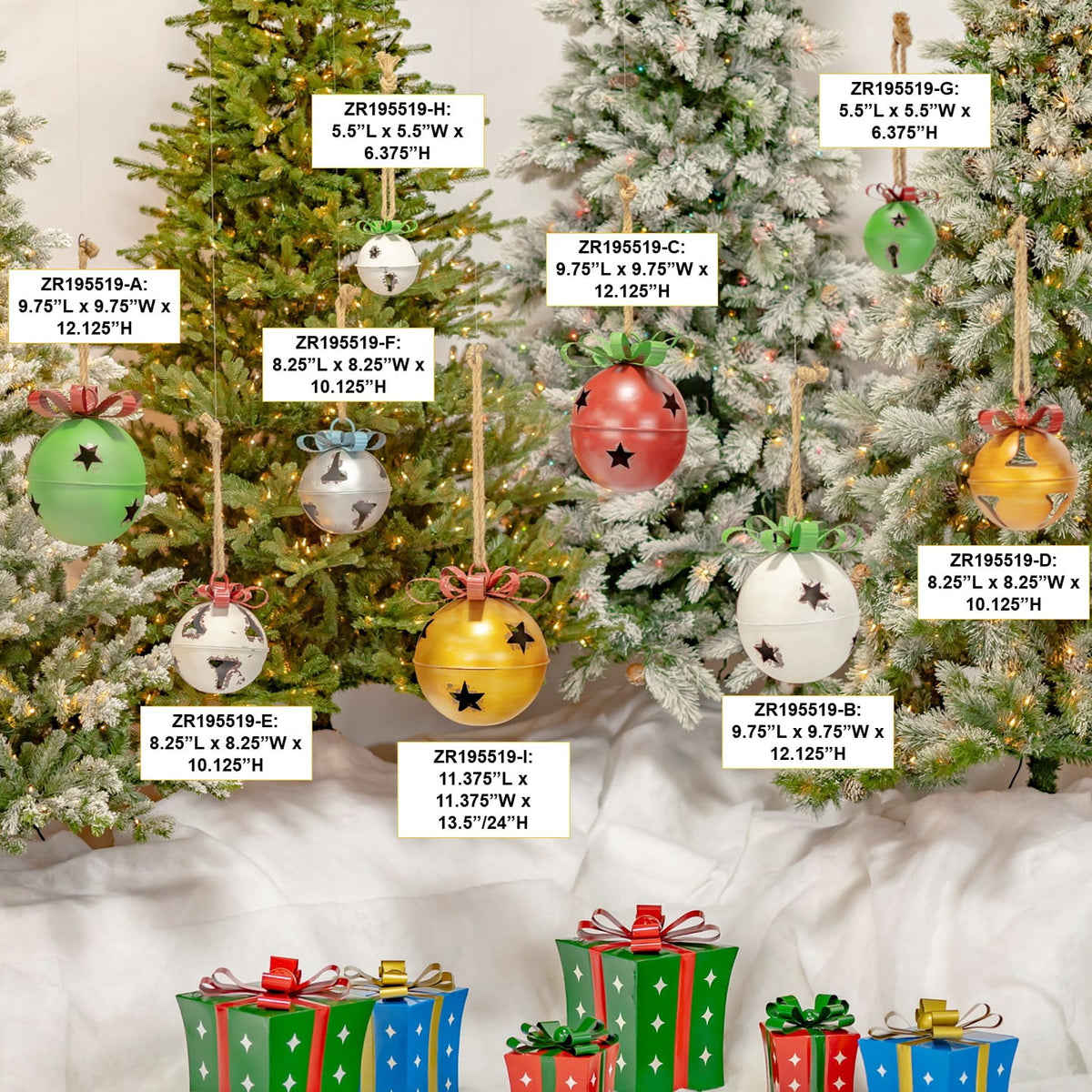 Zaer ZR195519 Large Assorted Colorful Christmas Bells - Set of 9