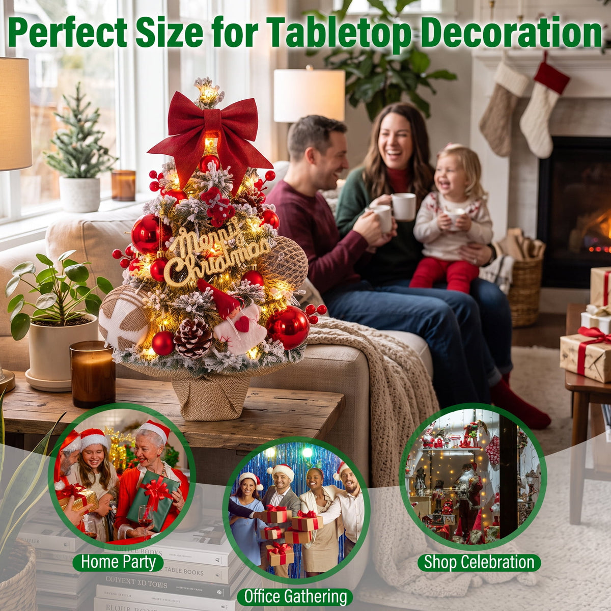 22" Mini Christmas Tree with 30 LEDs, Red Berries & Pinecones, DIY Kit, Battery Powered Tabletop Tree Christmas Decorations Gifts for Dorms, Offices, Home, Classrooms Desks & Small Spaces