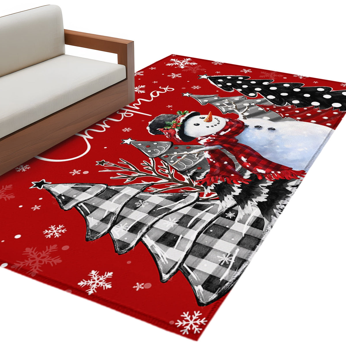 Area Rug 4x6 Ft, Red Christmas Non Slip Area Rugs for Bedroom, Xmas Snowman Snowflake Tree Black Grey Washable Low Pile Indoor Throw Carpet for Home Office Study Room Dining Room Nursery