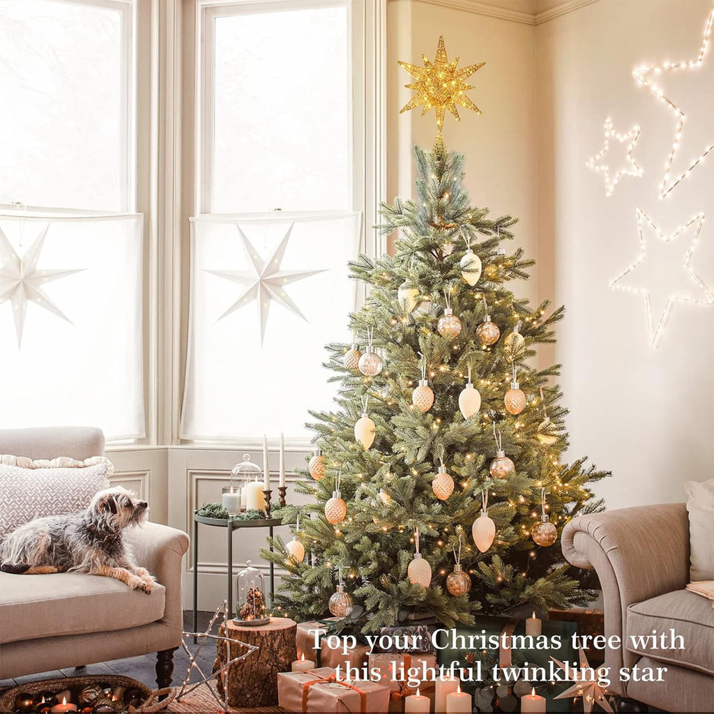 Christmas Tree Topper, LED Lighted Tree Topper, 11.41Inches Double-Layer Glitter Metal 3D Decorations Lights, Ornaments for Home Party(Gold)