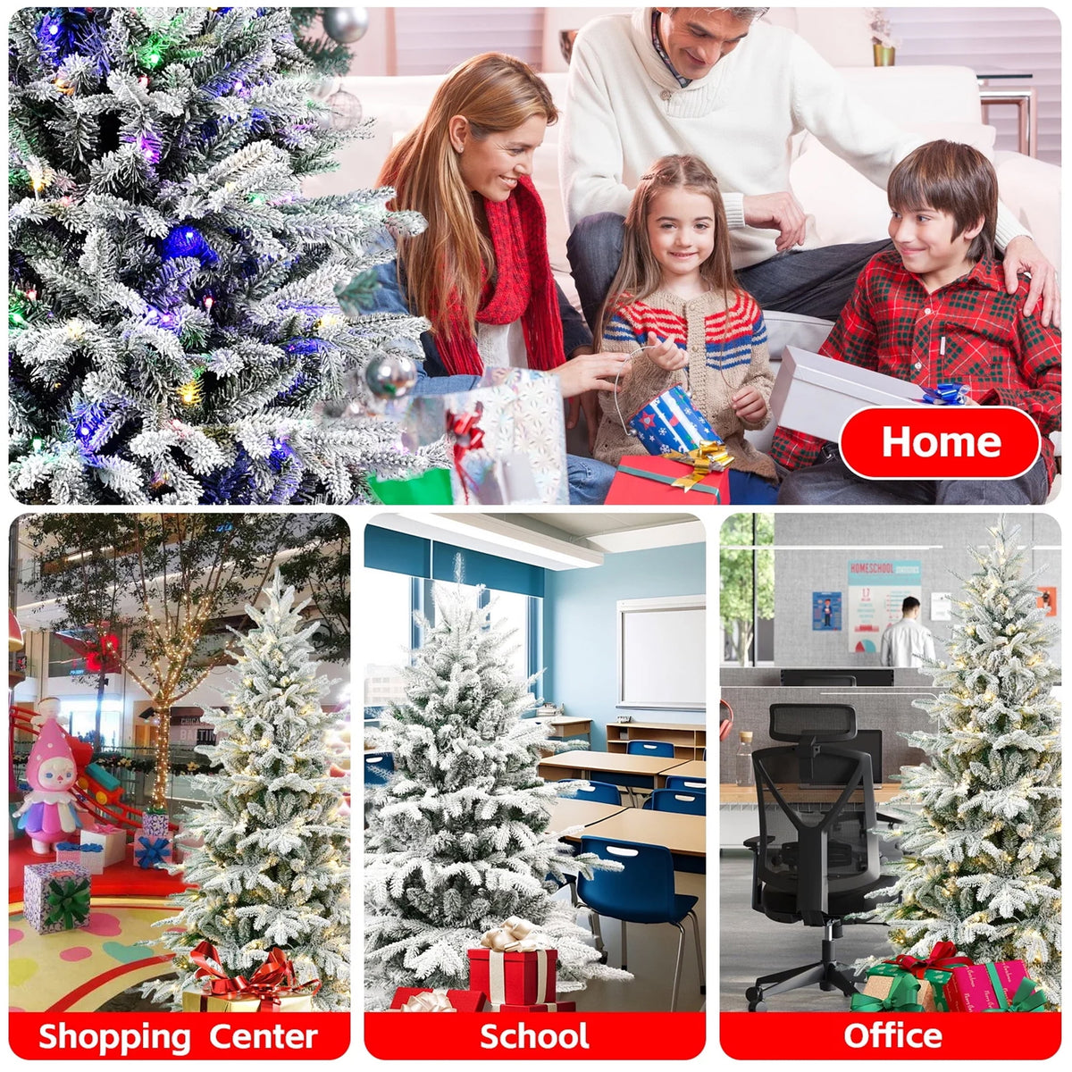 Mayhihi 7 ft Pre-Lit Flocked Christmas Tree, Artificial Tree with 400 Multicolored & White LED Lights, 2086 PE & PVC Branches