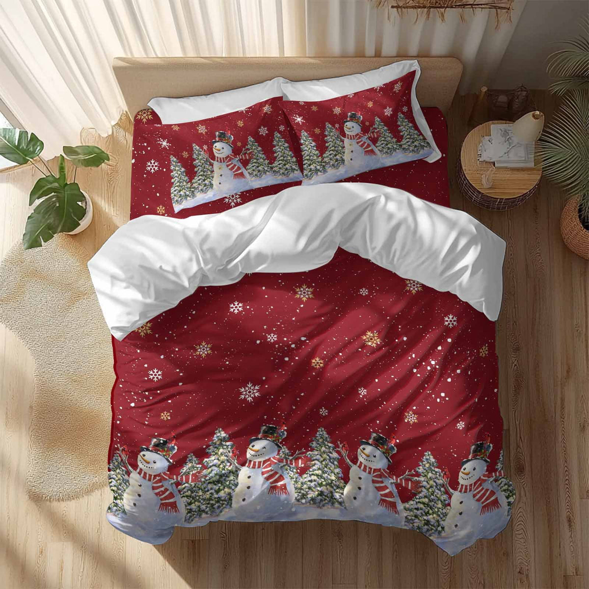 Christmas Snowman Bedding Duvet Cover Set Queen Size 4 Pieces Winter Christmas Tree Snowflake Red Bedding Set with Zipper Closure, 1 Comforter Cover 90x90 Inches 1 Flat Sheet & 2 Pillow Cases