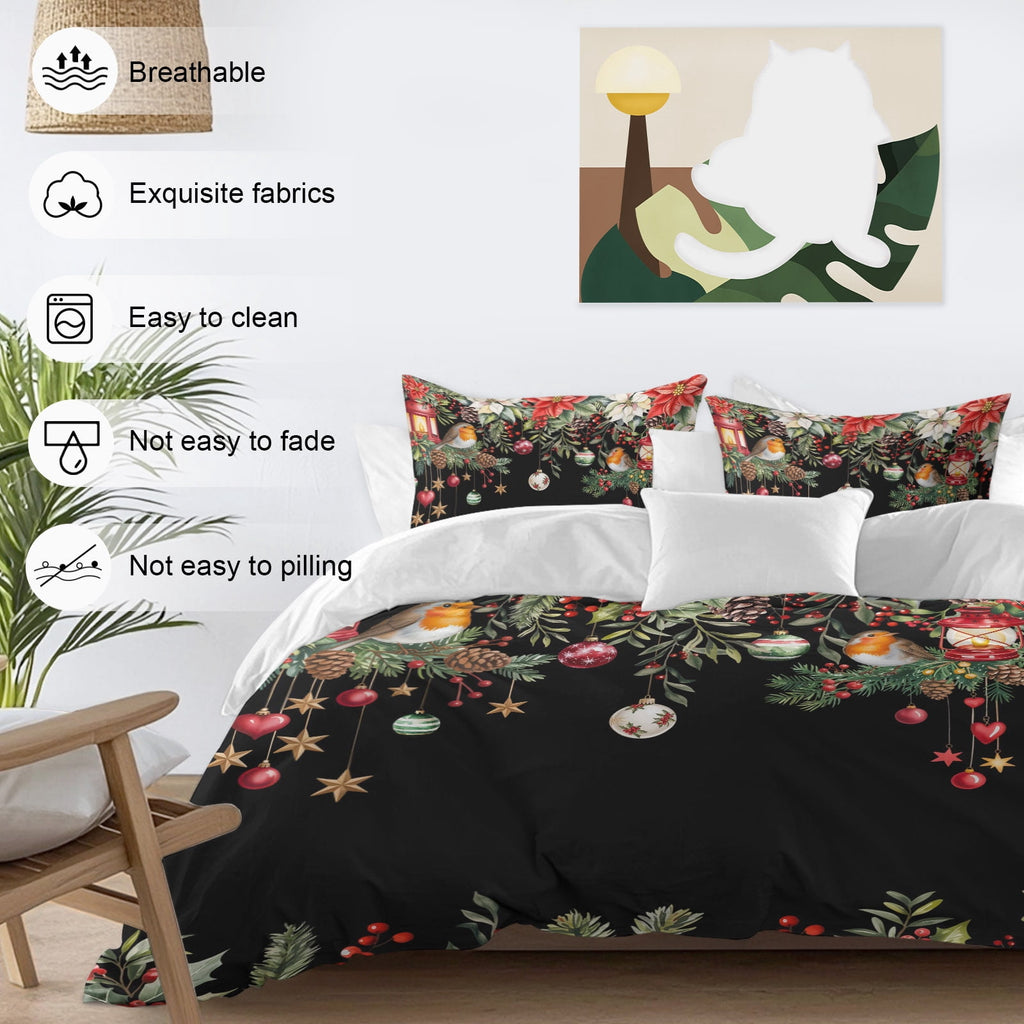 Black Christmas Bedding Duvet Cover Set Full Size 4 Pieces Xmas Poinsettia Balls Botanical Birds Bedding Set with Zipper Closure, 1 Comforter Cover 86x90 Inches 1 Flat Sheet & 2 Pillow Cases