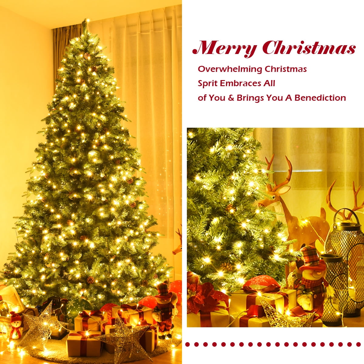 Costway 8Ft Pre-Lit Christmas Tree Hinged 600 LED Lights Pine Cones