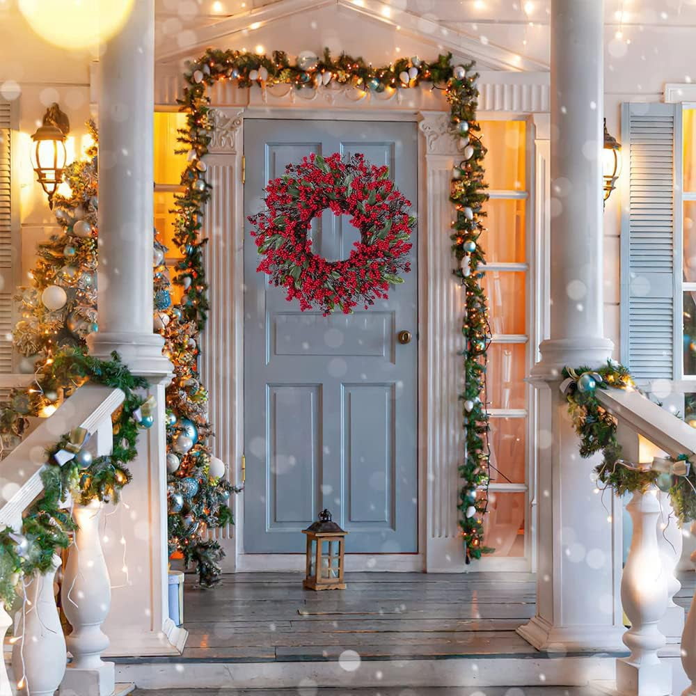 19 inches Christmas Wreaths Red Berry Wreath, Xmas Wreath with Berries for Front Door, Holly Winterberry Wreath for Home Christmas Wall Fireplace Window Party Holiday Decor