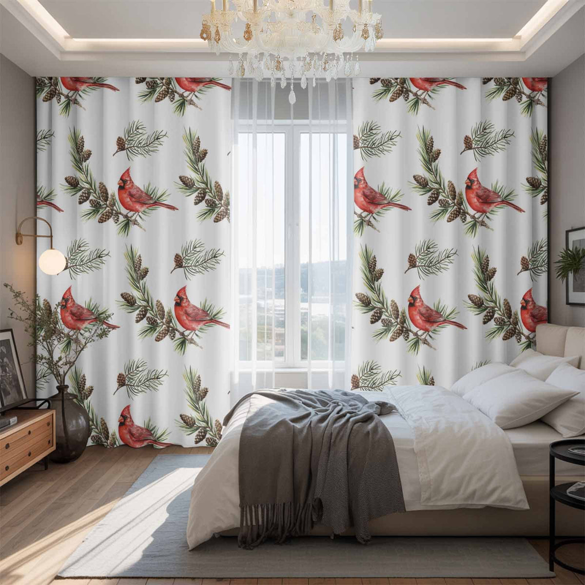 Christmas Red Cardinal Birds Blackout Curtains for Bedroom/Living Room, Pinch Pleated Black Out Curtains, Xmas Pine Branch Cones Rustic Room Darkening Window Drapes with Hooks 2 Panels, 39"x70"