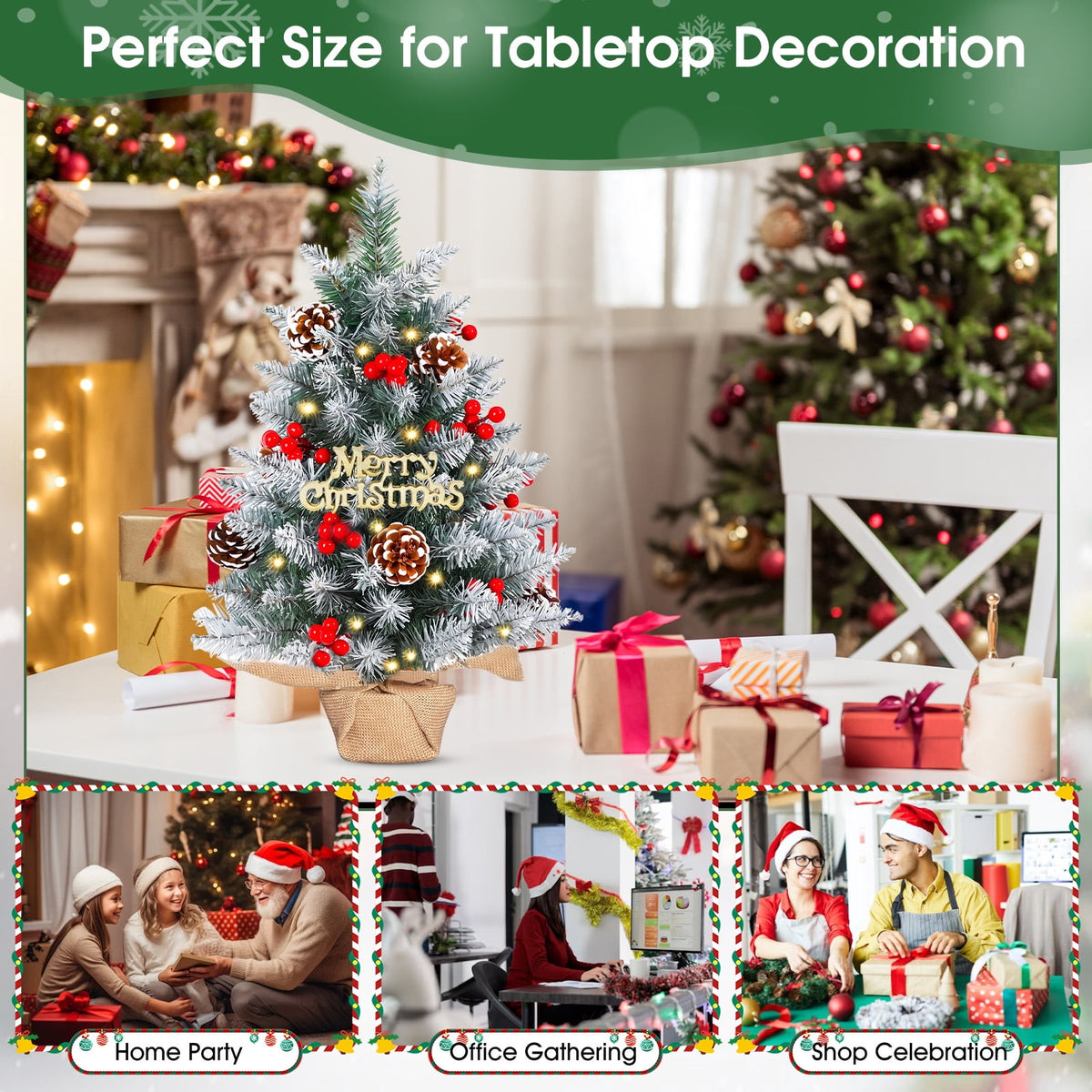 22" Mini Christmas Tree with 30 LEDs, Red Berries & Pinecones, DIY Kit, Battery Powered Tabletop Tree Christmas Decorations Gifts for Dorms, Offices, Home, Classrooms Desks & Small Spaces