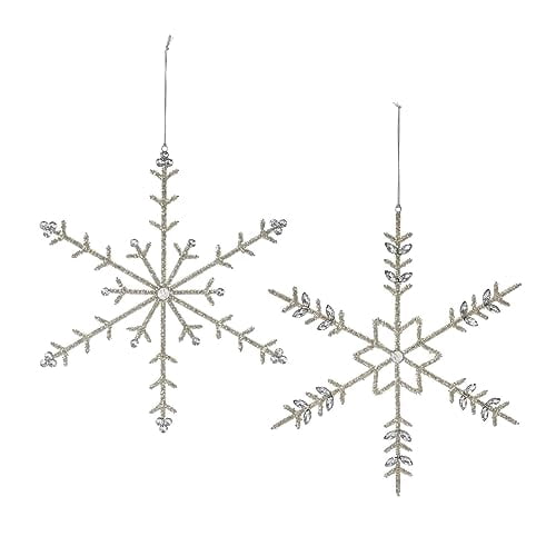 Melrose International Jeweled Snowflake Ornaments Set - Metal Snowflakes with Red Accents - Holiday Tree Decorations 6 or 12 Pack Silver