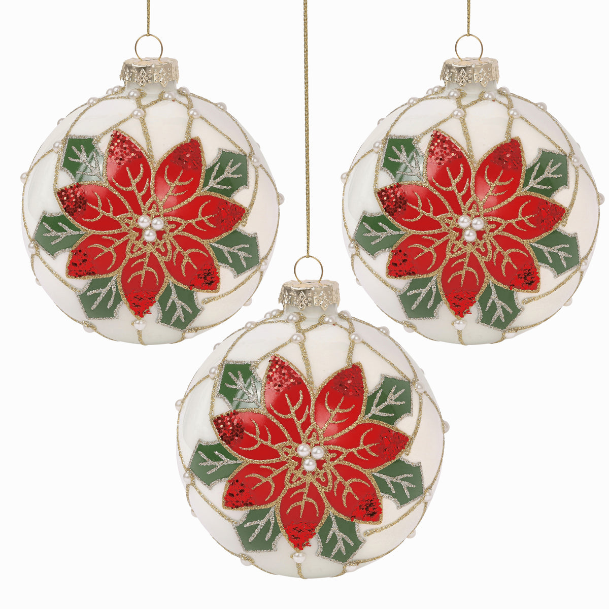 Poinsettia Pearl 4” Ball 6” Finial Glass Christmas Ornaments by Tinsel Traditions - Set of 6