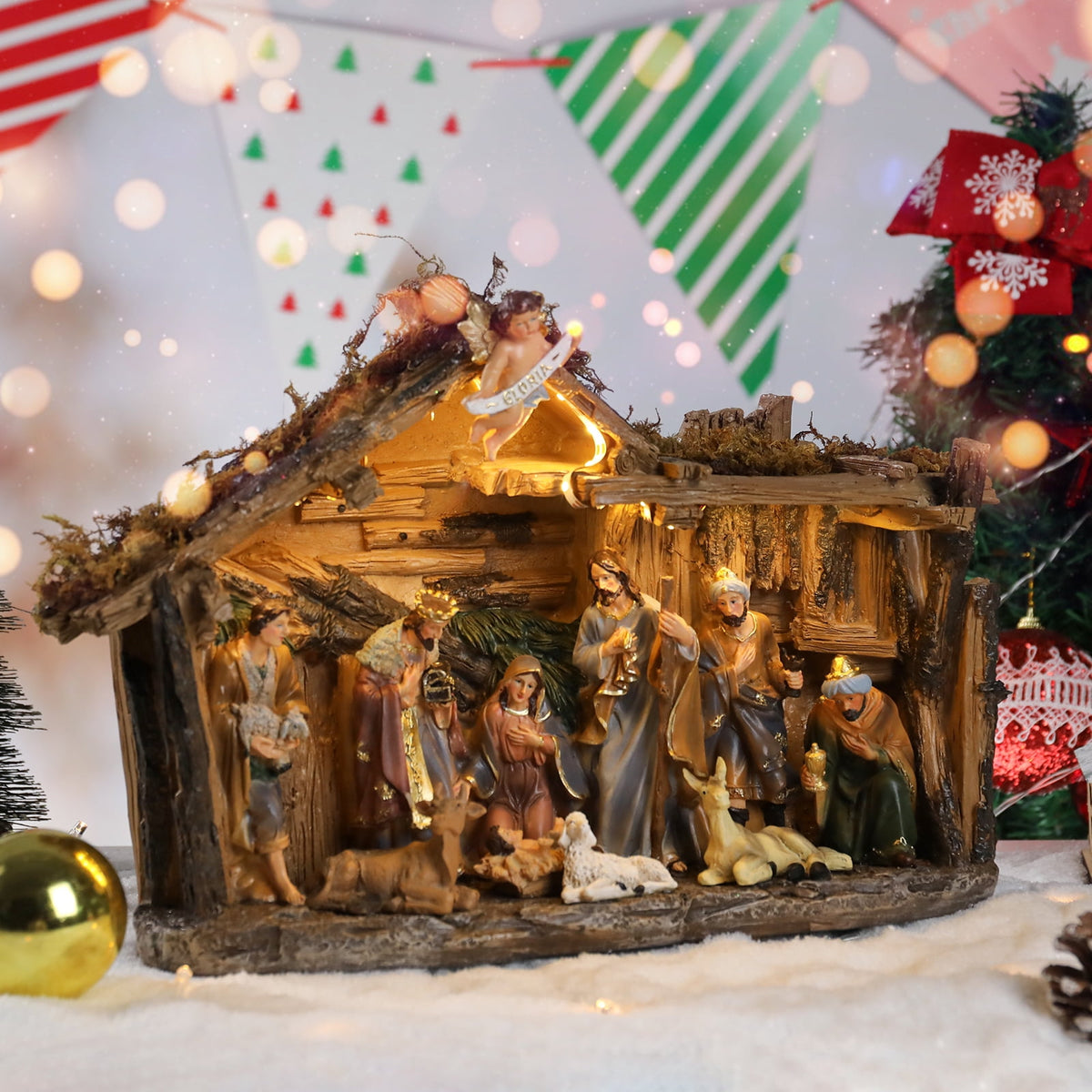 12.5 INCH Wonder Garden Christmas Nativity Set Figurine - Nativity Scene Statue with Moss Stable Village Music Decor