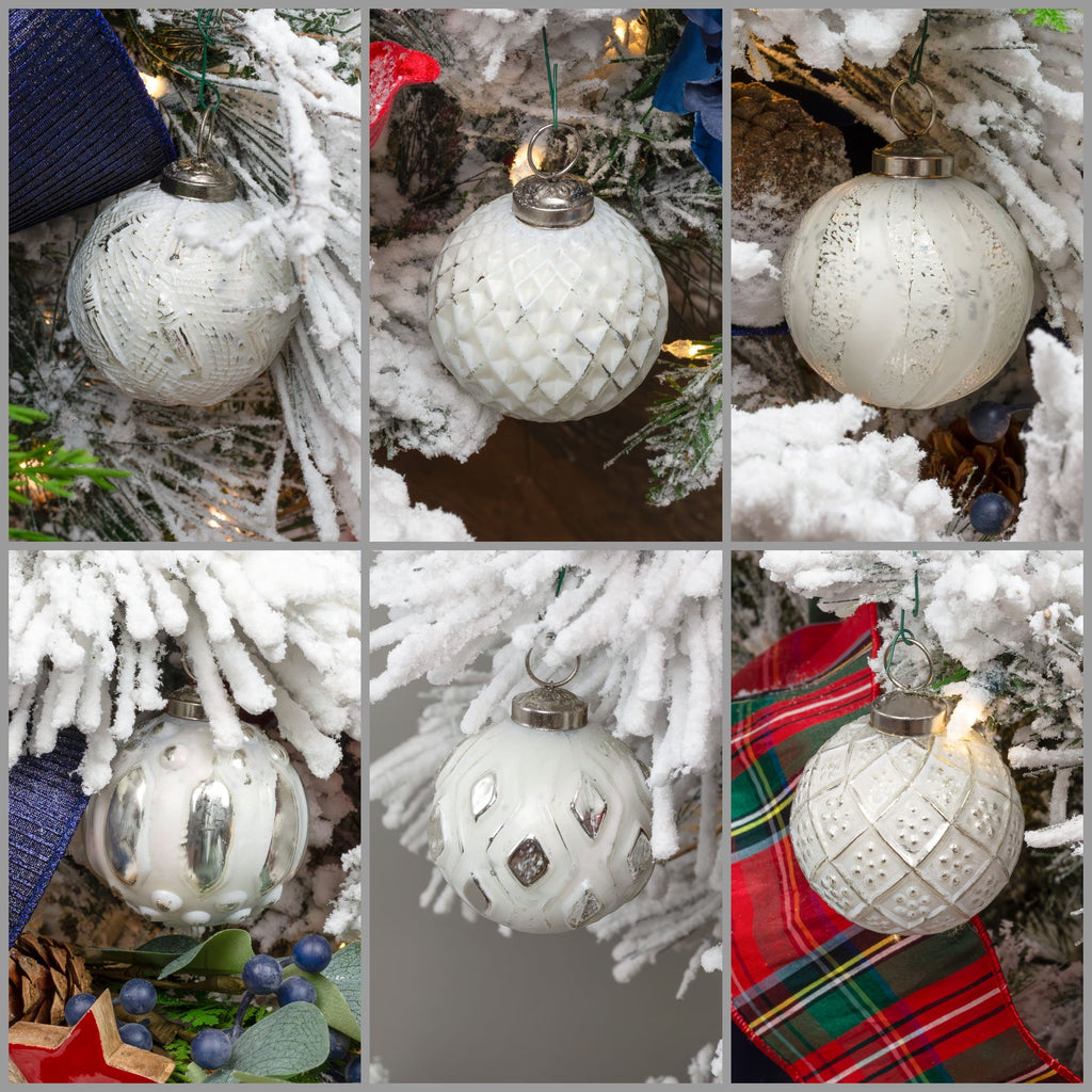 AuldHome Design Farmhouse Ball Ornaments (Set of 6, Gold/Silver); Distressed Metal Glass Ball Vintage Style Christmas Decorations