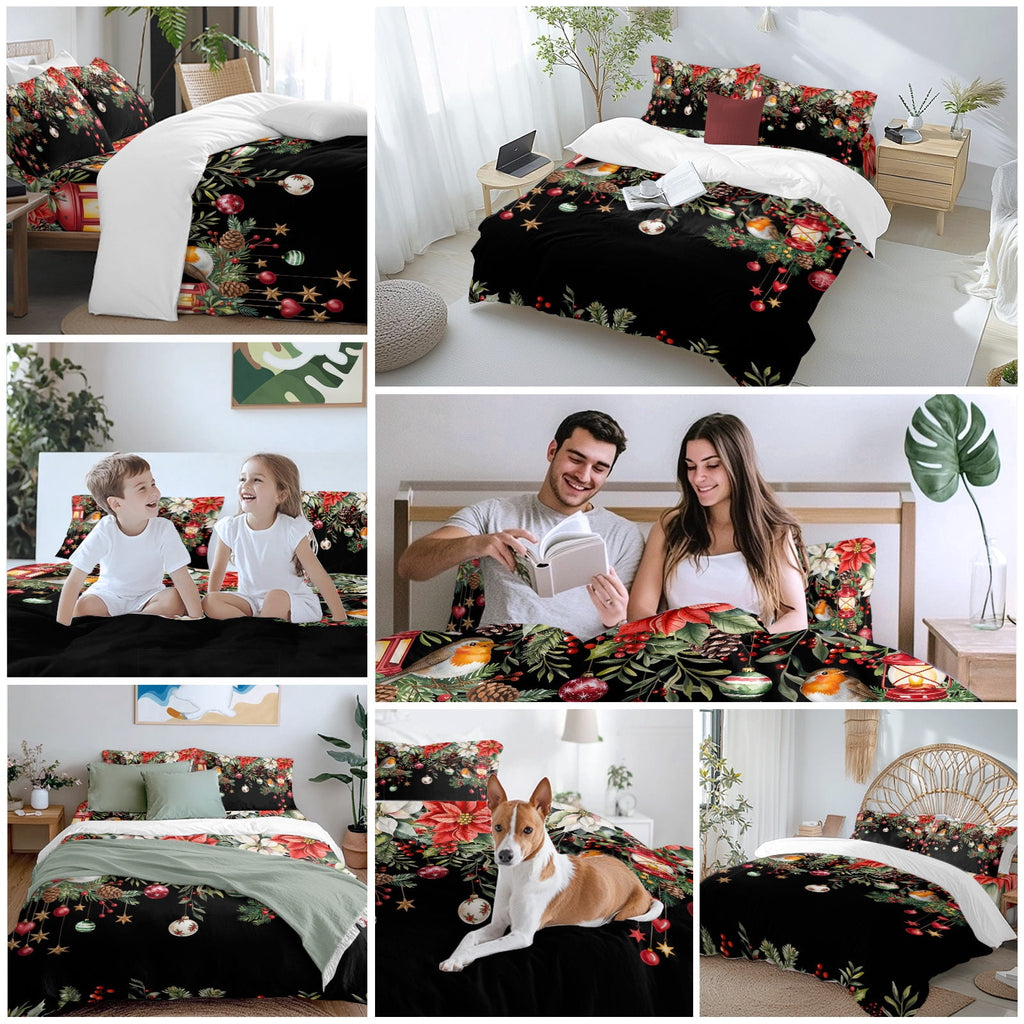 Black Christmas Bedding Duvet Cover Set Full Size 4 Pieces Xmas Poinsettia Balls Botanical Birds Bedding Set with Zipper Closure, 1 Comforter Cover 86x90 Inches 1 Flat Sheet & 2 Pillow Cases