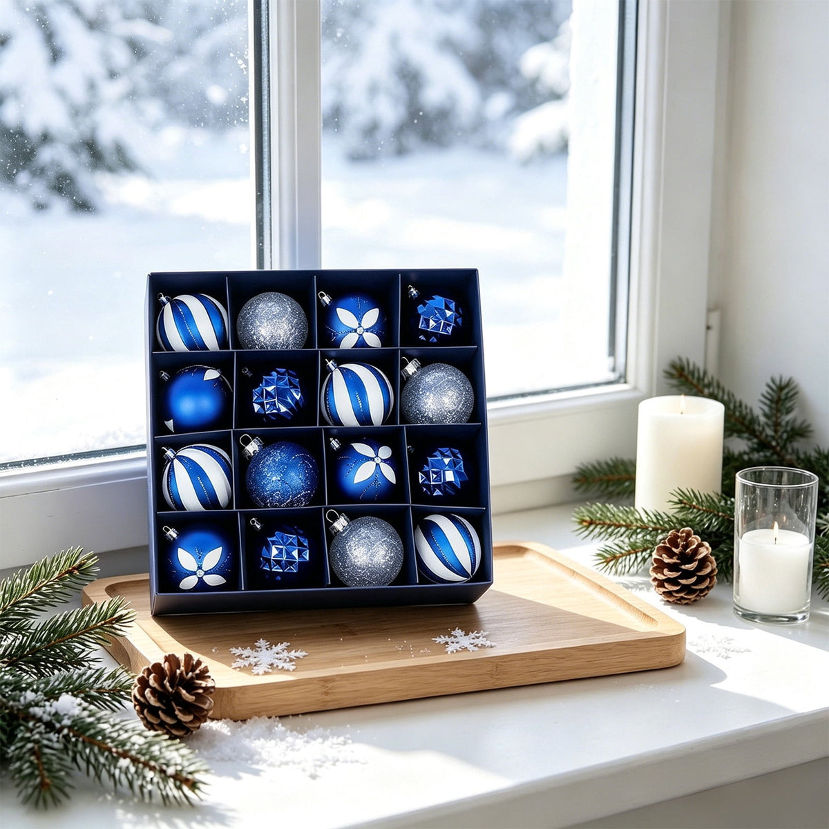 Gaecuw 16 Pack Blue Painted Odd Shaped Christmas Baubles, Luxury Style Ornaments Set for Xmas Tree Wreath Mantel REFINEMENT Decor