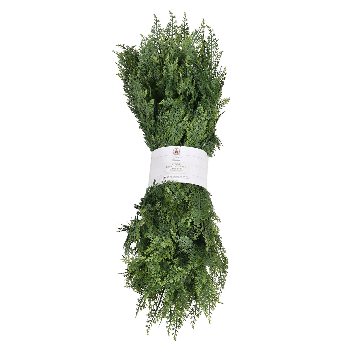 My Texas House Cypress Pre-Lit Warm White LED Artificial Christmas Garland, Green, 9'