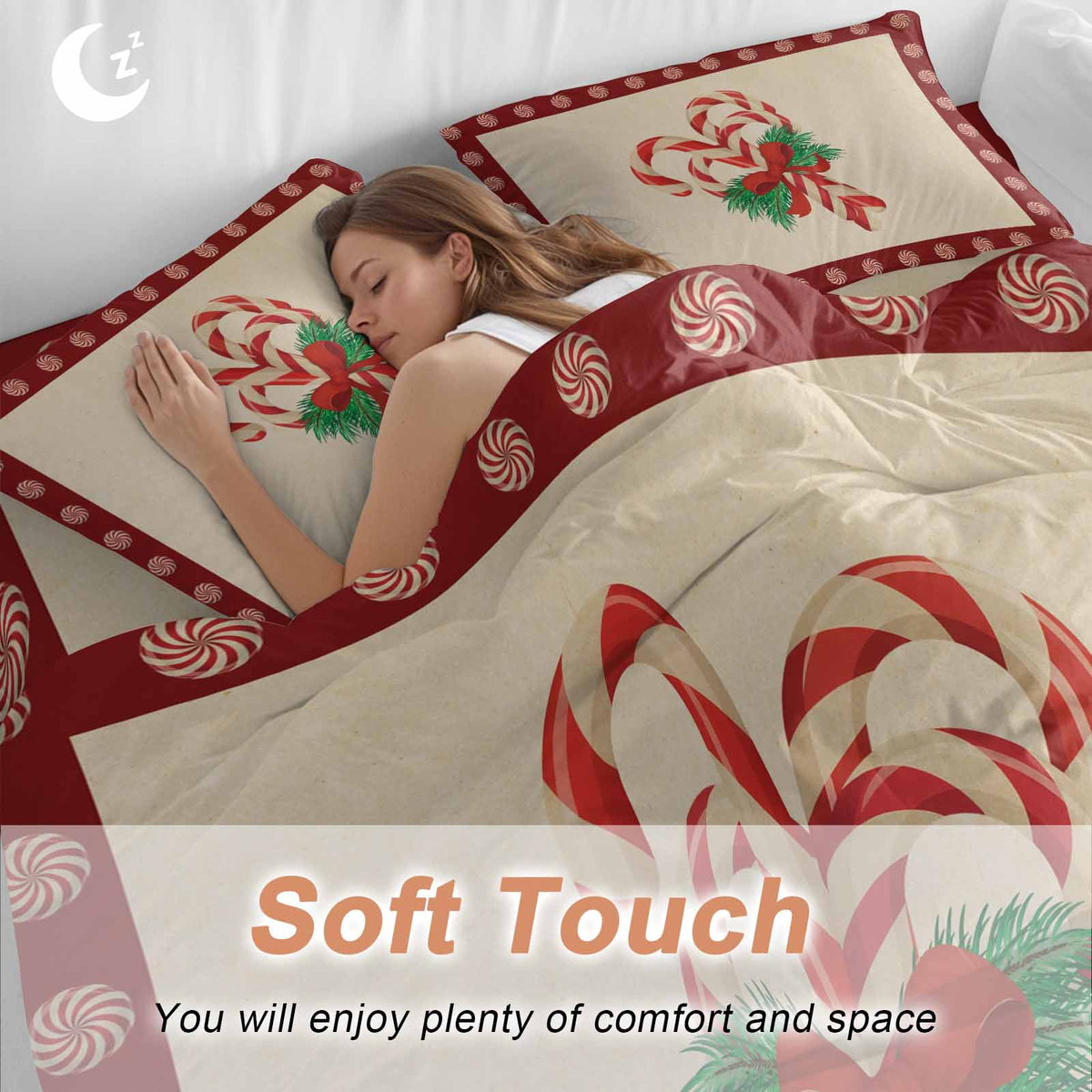 Candy Cane Bow Bedding Duvet Cover Set King Size 4 Pieces Christmas Winter Retro Bedding Set with Zipper Closure, 1 Comforter Cover 92x106 Inches 1 Flat Sheet & 2 Pillow Cases