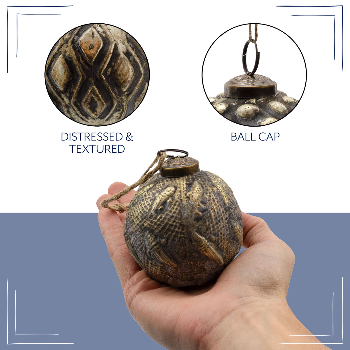 AuldHome Design Farmhouse Ball Ornaments (Set of 6, Gold/Silver); Distressed Metal Glass Ball Vintage Style Christmas Decorations