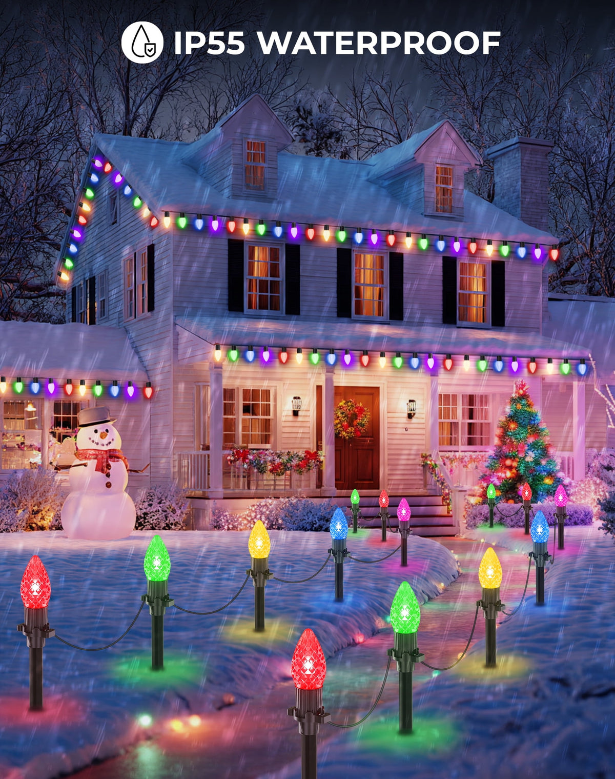2 IN 1 Solar Christmas Lights C9 LED 33FT 25 LED with Ground Stakes Hanging Design Warm White Multicolor 8 Modes Waterproof for Garden Walkway Patio Christmas Decor