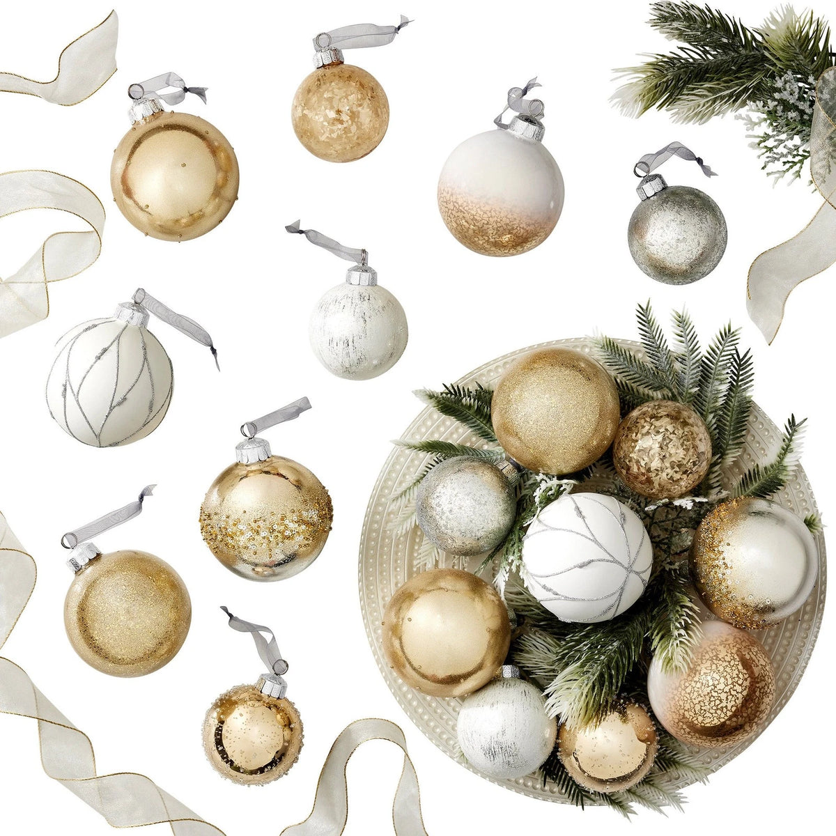 3.5" Assorted Glass Christmas Ornaments Set Of 18 1784830, White/Silver/Gold