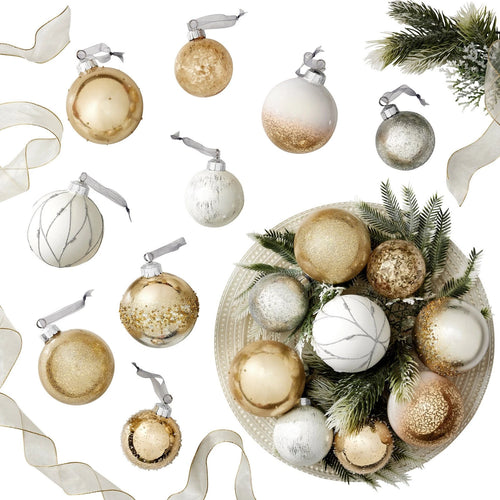 3.5" Assorted Glass Christmas Ornaments Set Of 18 1784830, White/Silver/Gold