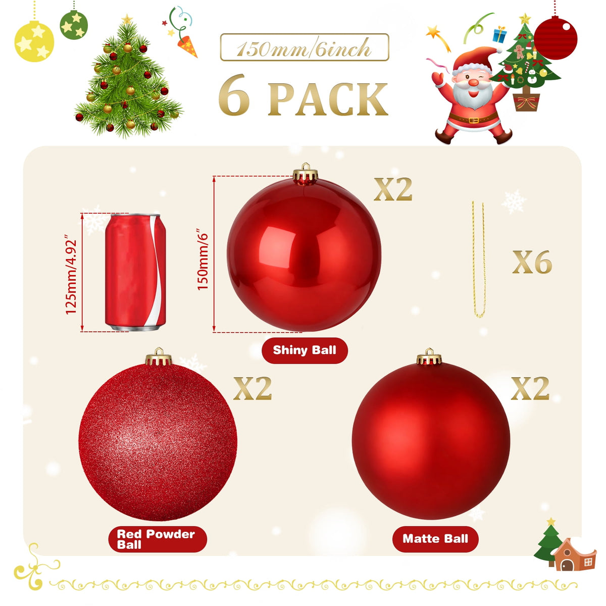 LAMPHOME 12PK 6" Shatterproof Christmas Ball Ornaments, Solid Red Festive Decor with Glossy & Matte Finishes, Xmas Tree Ornaments for Holiday Party Decoration