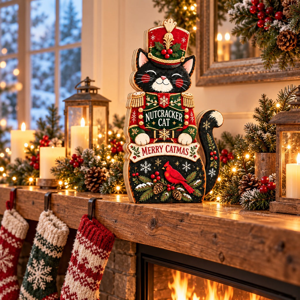 Christmas Wooden Block Nutcracker 3 Layer Tabletop Display for Feline Lovers